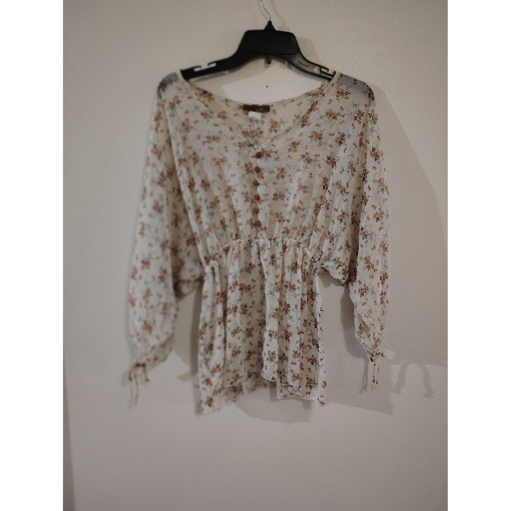 Musa USA Floral Chiffon Peasant Blouse Cream Boho Empire‎ Waist Top FT9128 Small